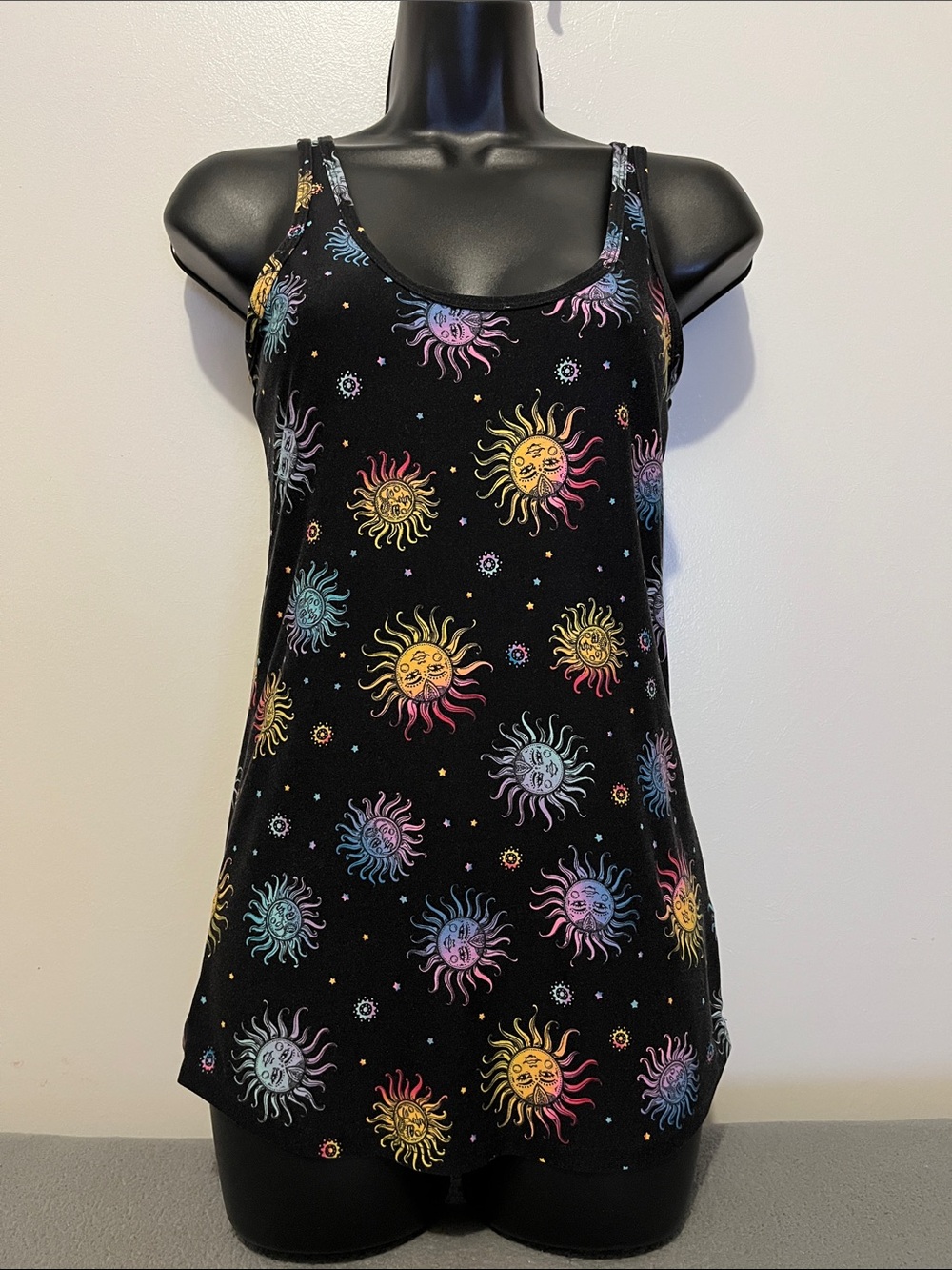 Sun & Moon Pattern Black Tank Top